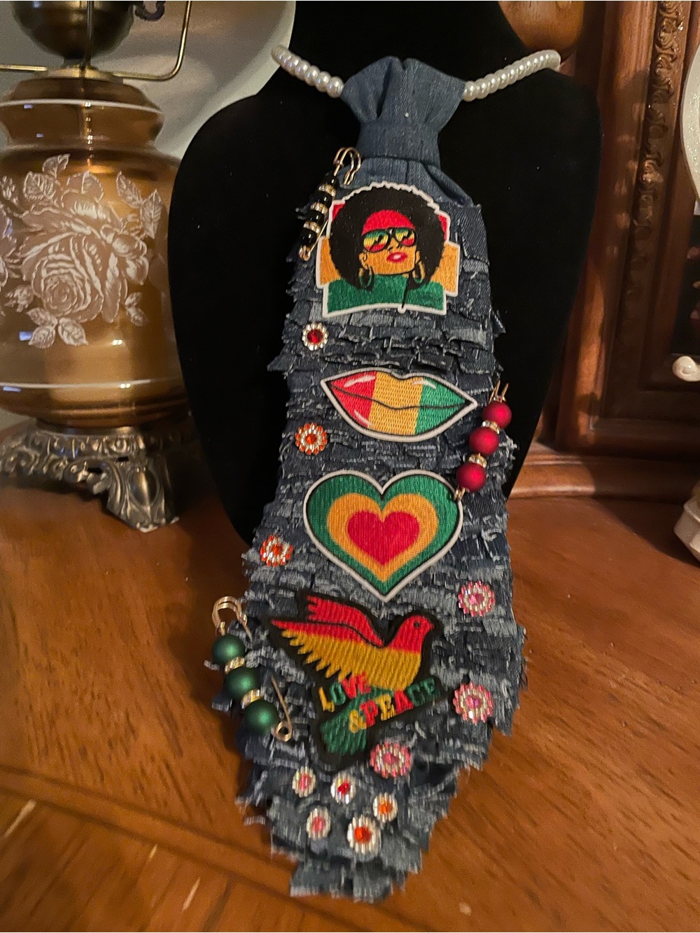 Denim Patch Boho Hair Scarf with Colorful Embroidered Motifs